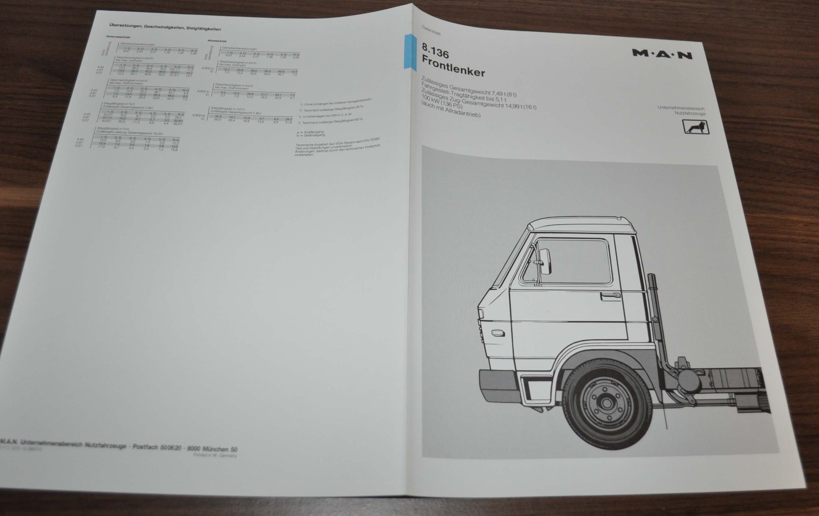 1983 MAN 8.136 Frontlenker Truck Sales Specification Brochure Prospekt DE