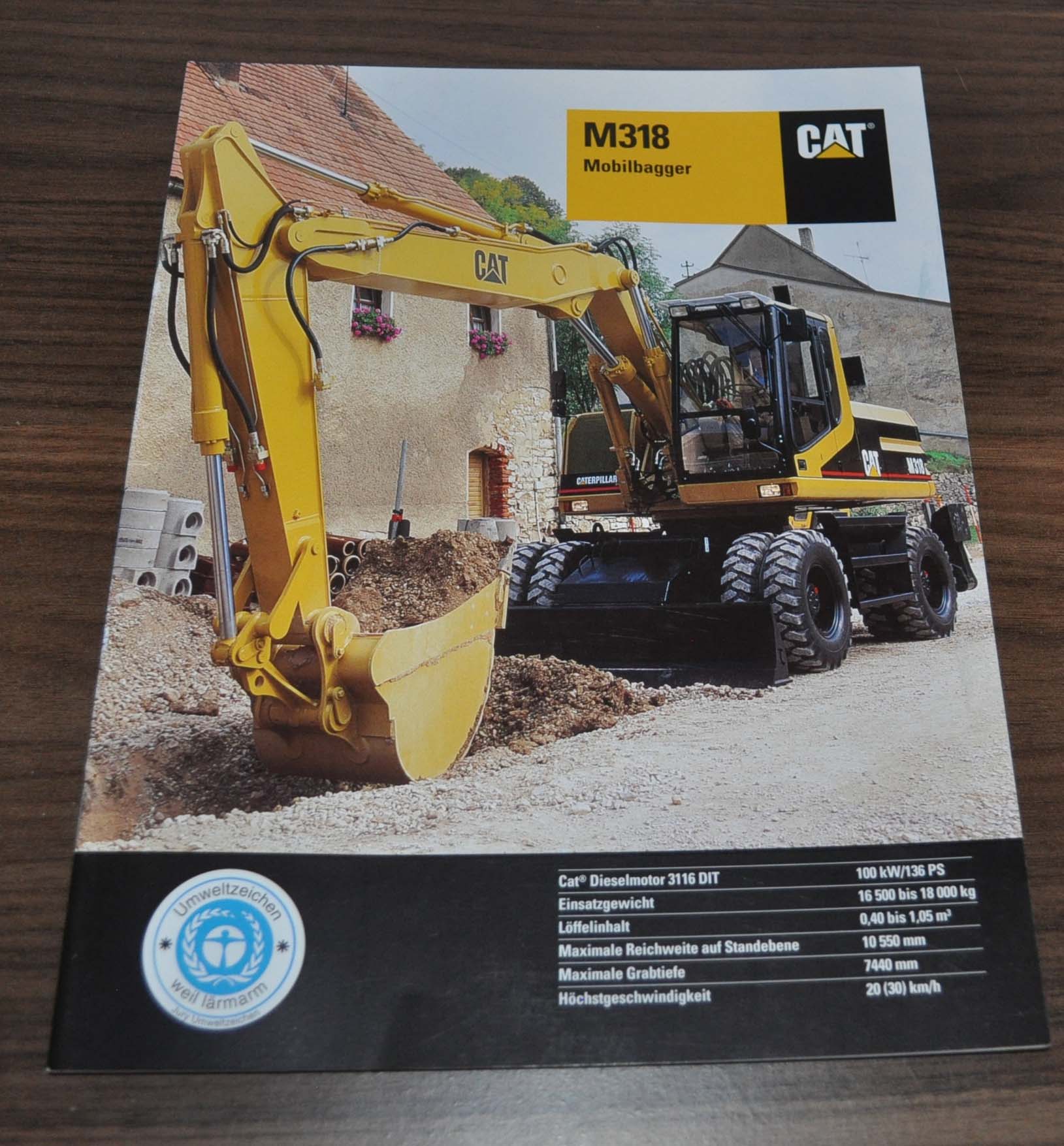 Caterpillar M318 Mobilbagger Excavator Cat Specification Brochure Prospekt DE