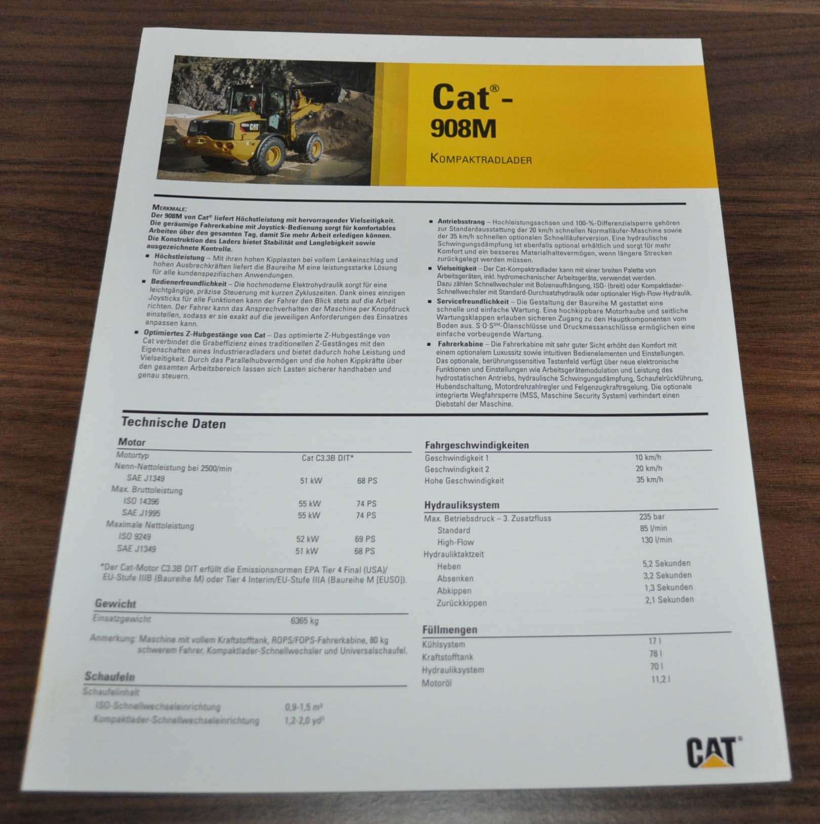 Caterpillar 908M Radlader Wheel Loader Brochure Prospekt DE