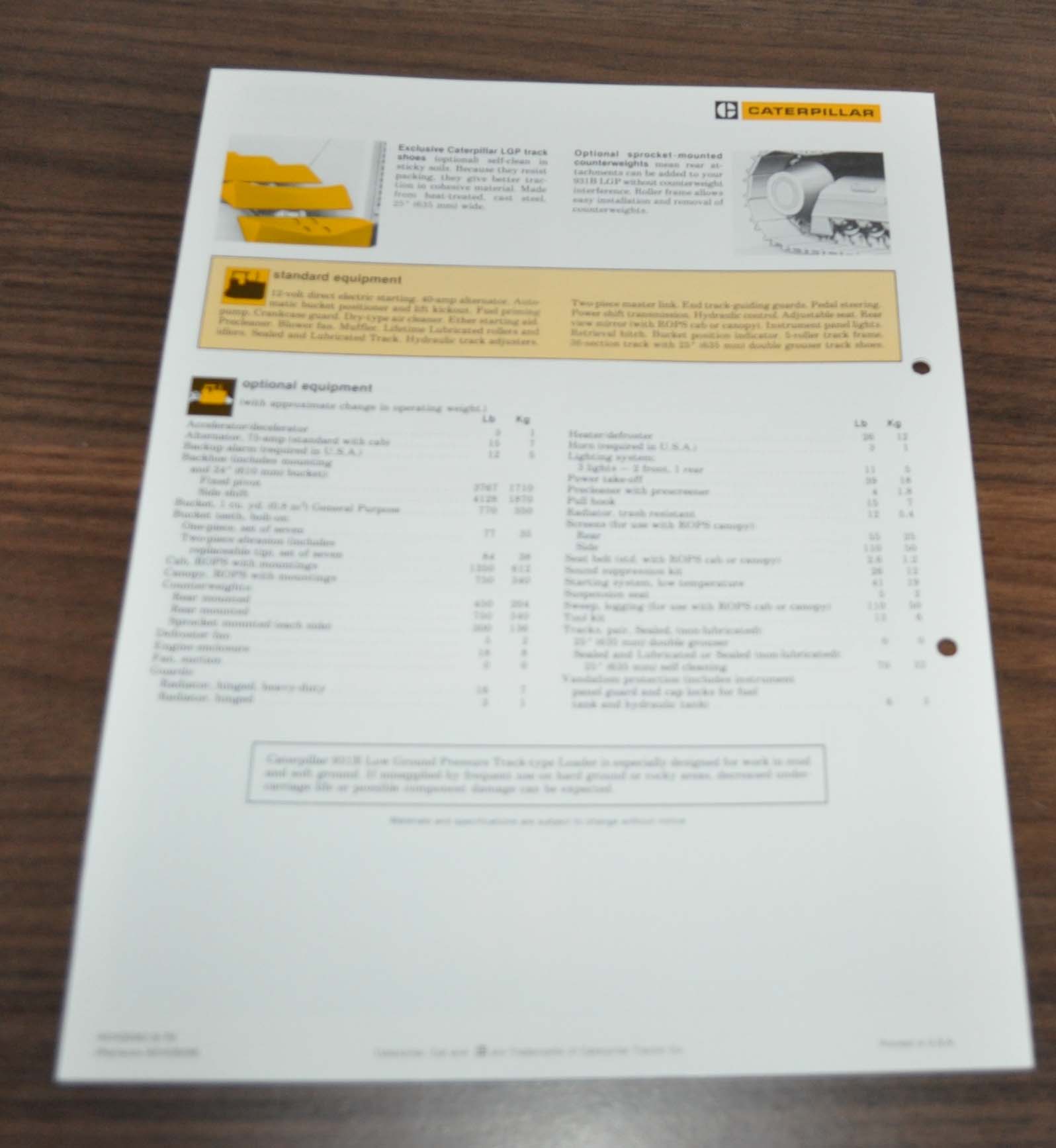 Caterpillar 931B LGP TrackType Loader Specification Technical Brochure
