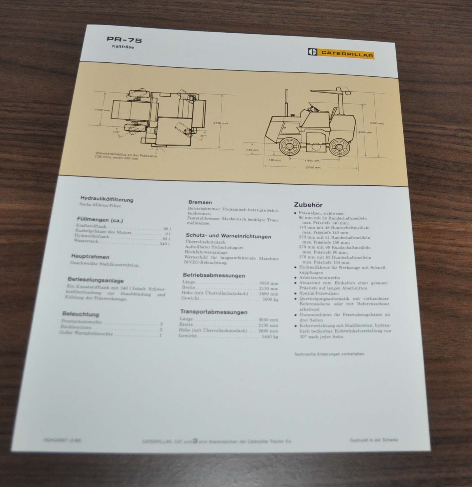 Caterpillar Pr 75 Kaltfrase Pavement Profiler Specification Brochure 