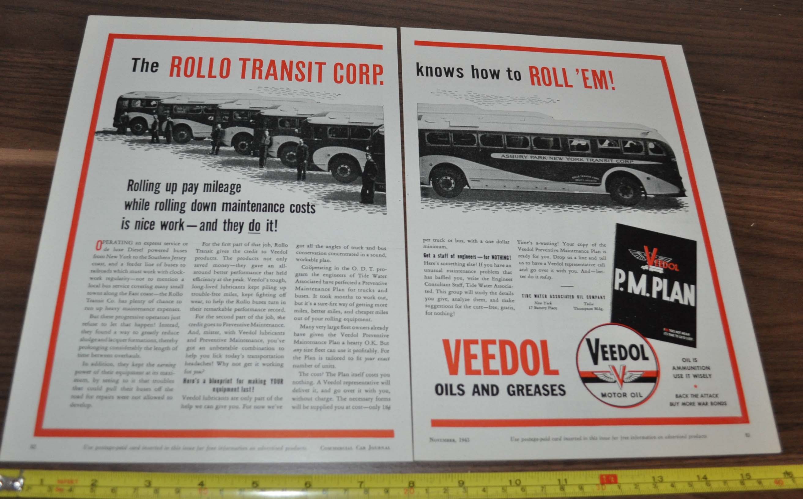1943 GM Yellow Coach Bus Ad Asbury Park New York Transit Corp. Veedol Gemmer