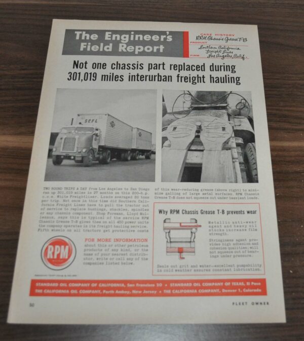 1957 White Freightliner Truck Ad SCFL RPM Chassis Grease Gates Coach