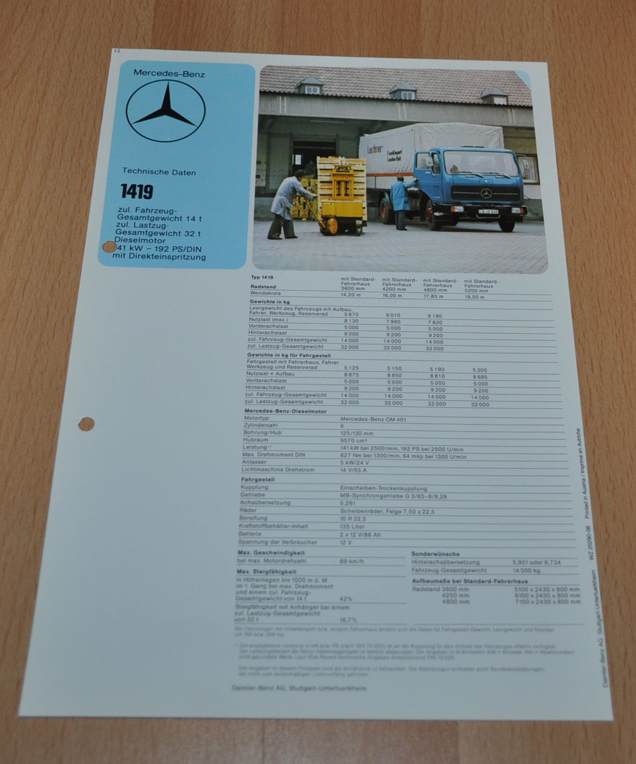 Mercedes Benz 1419 Specification Technische Daten Lkw Truck Brochure Prospekt Auto Brochure