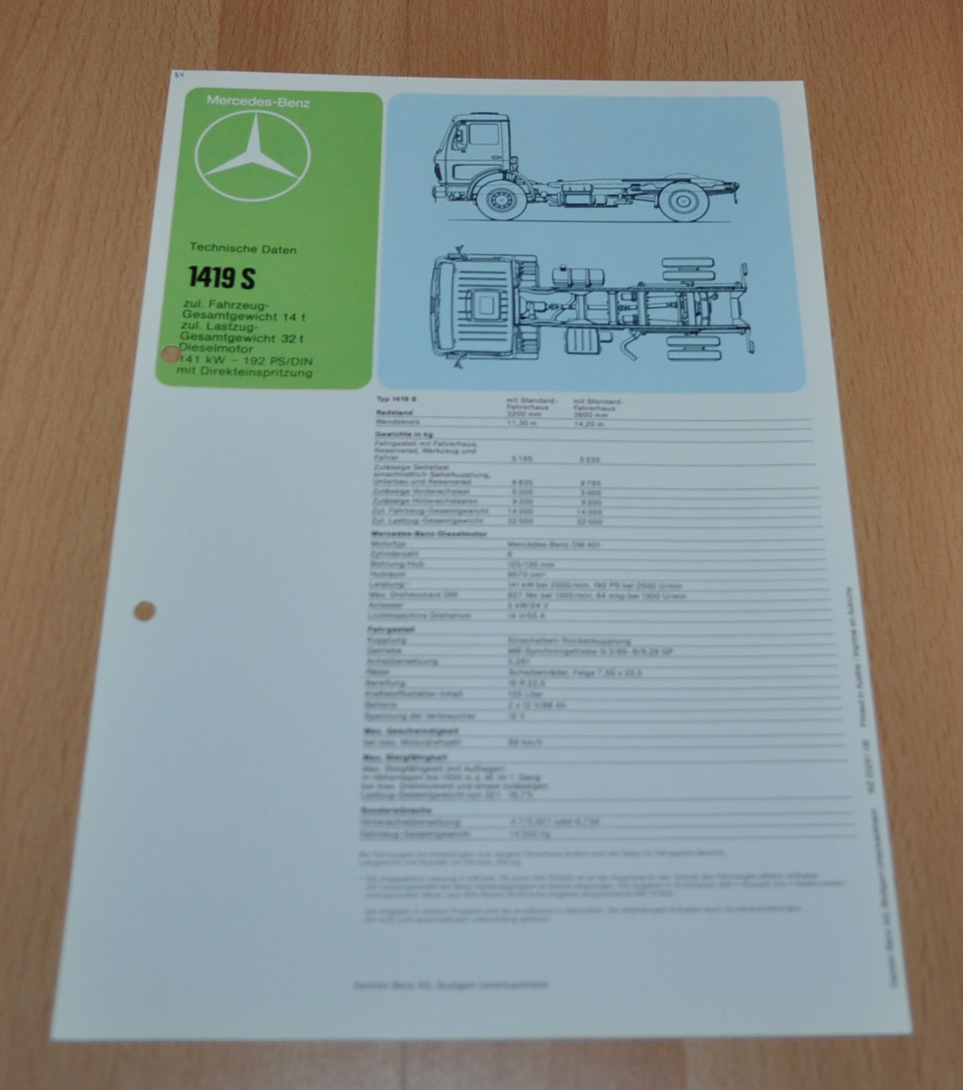 Mercedes Benz 1419 S Specification Technische Daten Lkw Truck Brochure Prospekt Auto Brochure